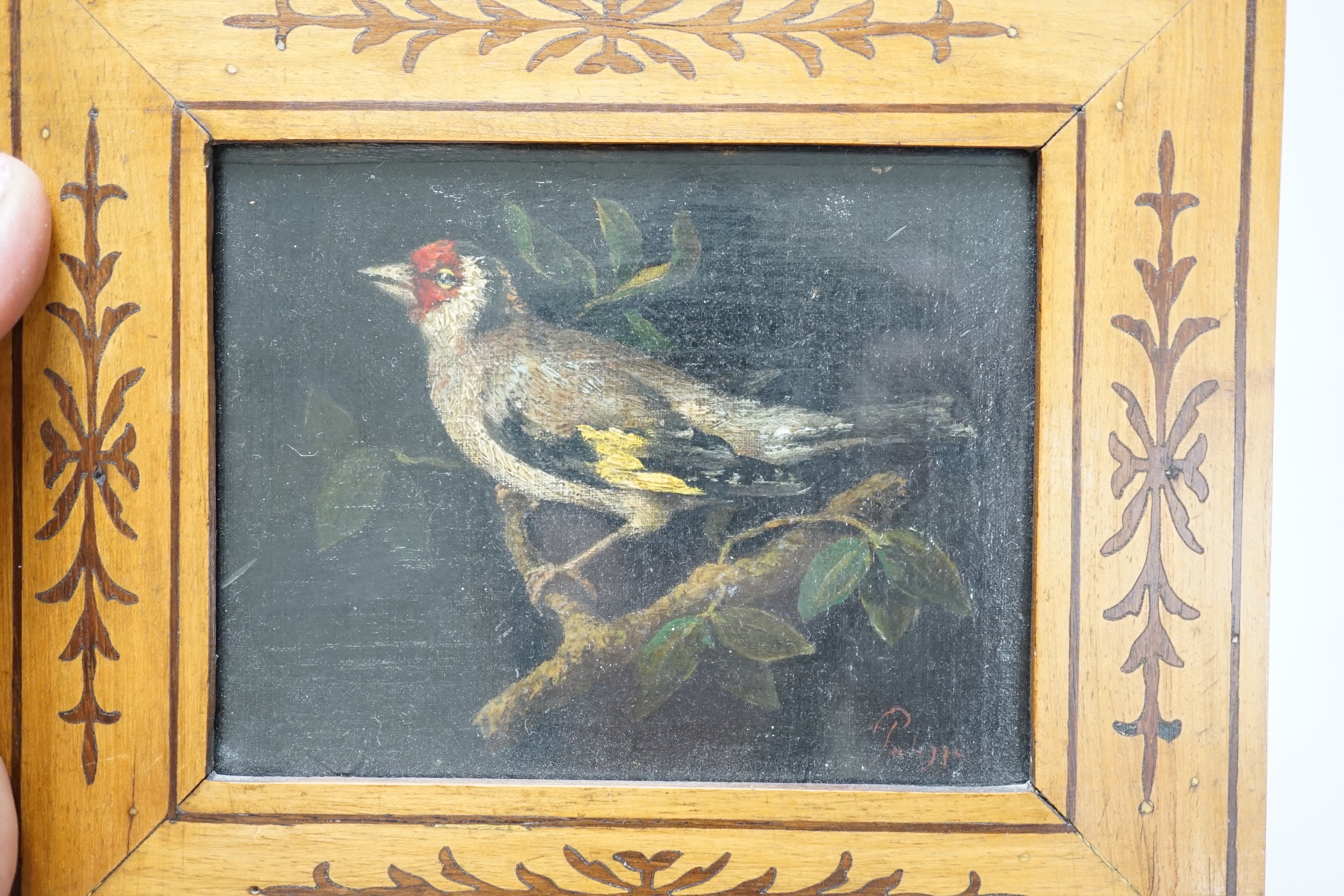 Continental School, oil, Study of a finch, and a small printed and overlaid Icon